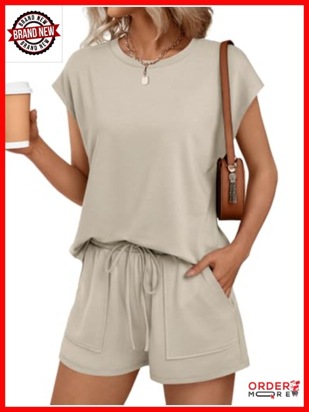 Womens Two Piece Short Set Cap Sleeve Drawstring Sweatsuit with Pockets